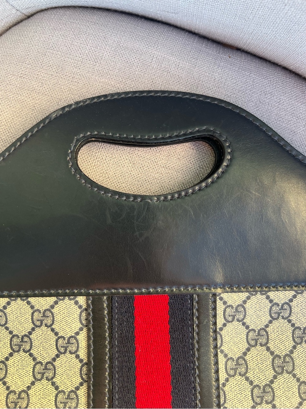 Gucci Old Sherry Line GG Logo Leather Handbag Tote Red Navy blue - Picture 9 of 13